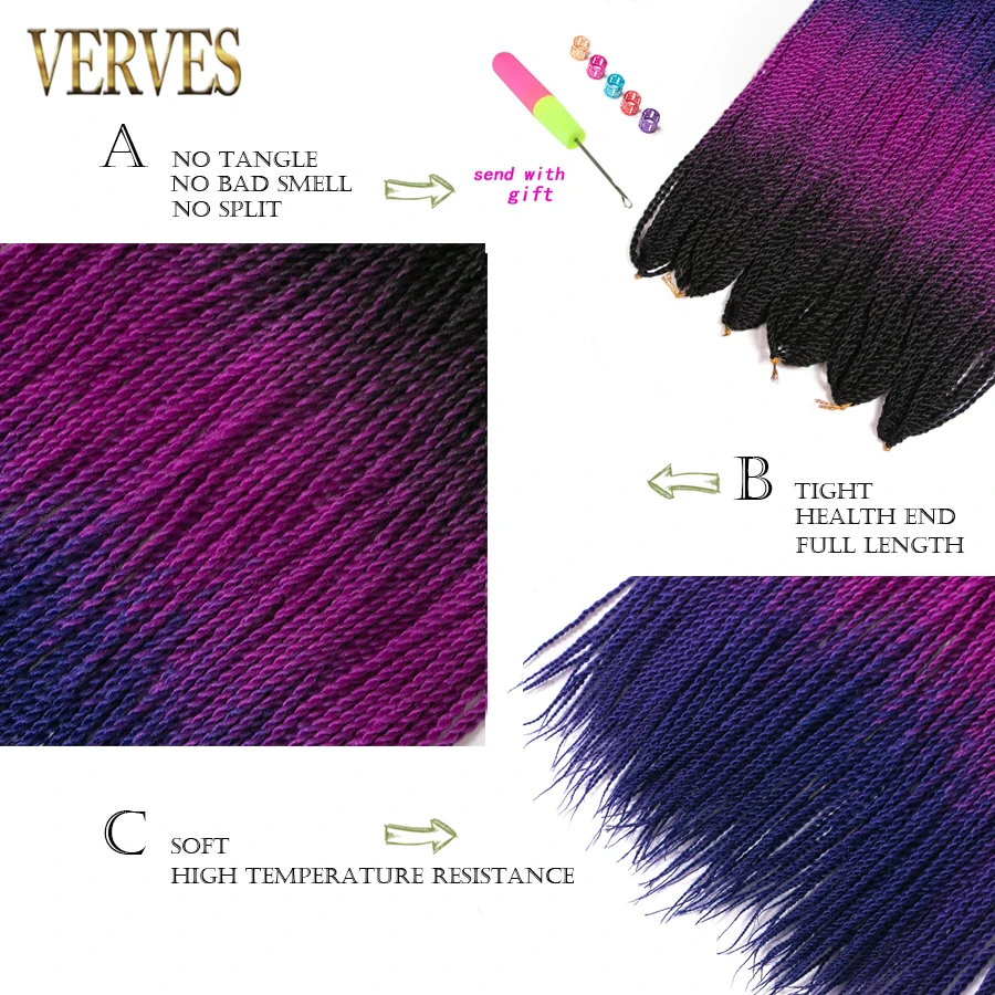 VERVES 24 Inch Synthetic Ombre Senegalese Twist Hair 30 Roots/pack Crochet Braids For Women Braiding Hair Grey,Bonde,Pink,Brown