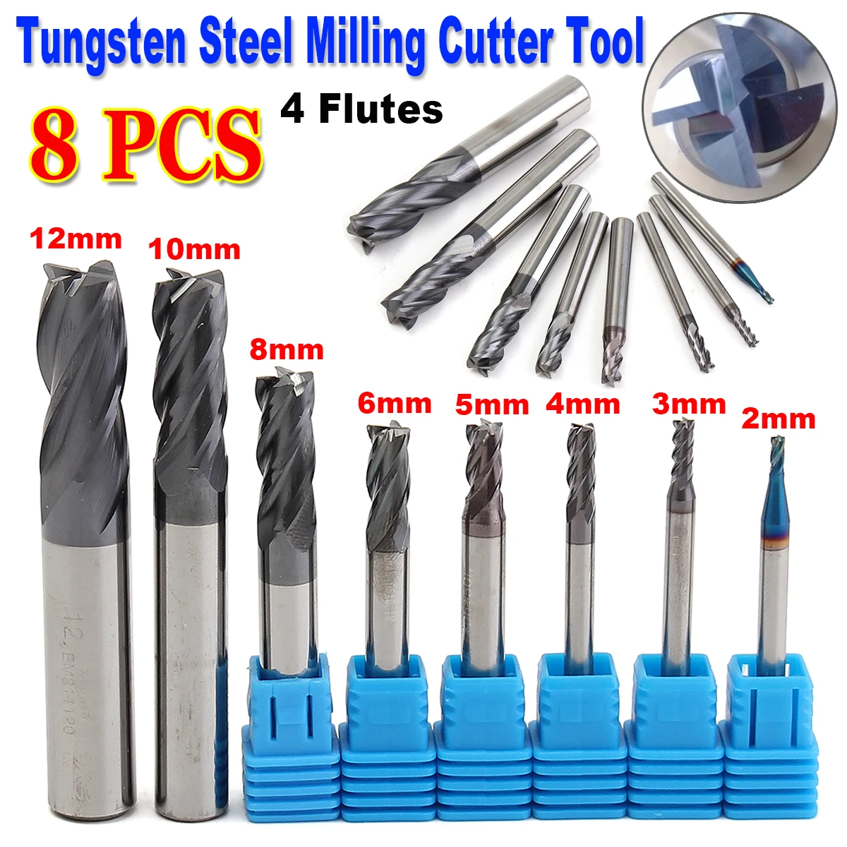 8pcs 2 12mm Milling Cutter Set 4 Flutes Blades Carbide End with Box