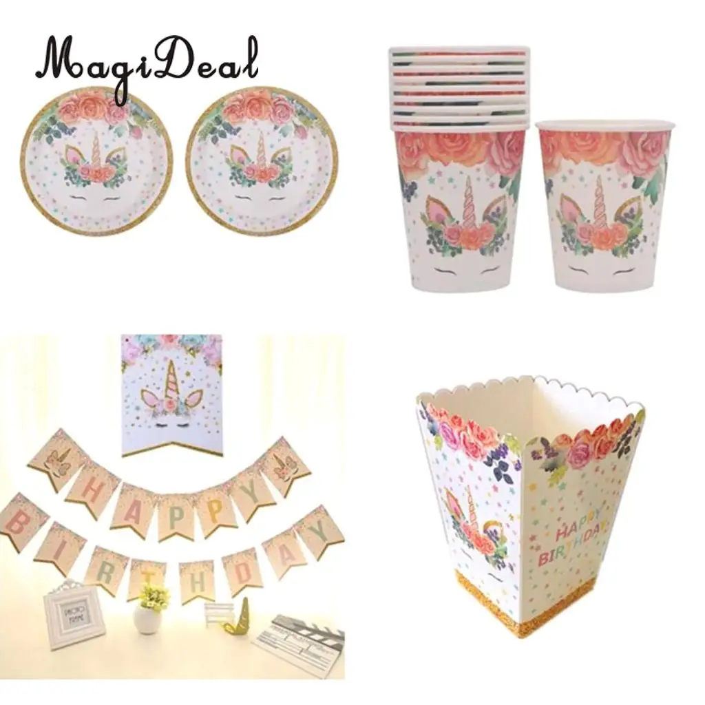 

MagiDeal Decorative Magical Unicorn Theme Paper Plate Cups Popcorn Boxes Banner Photobooth Prop Kids Birthday Party Supplier