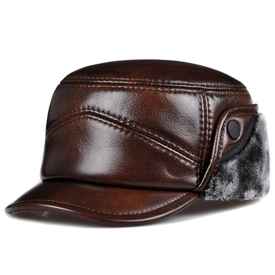 

Wholesale Black Thick Leifeng Trapper Snow Snowboard Warm 2018 Winter Earflap Elderly Leather Caps Hats For Man Free Shipping