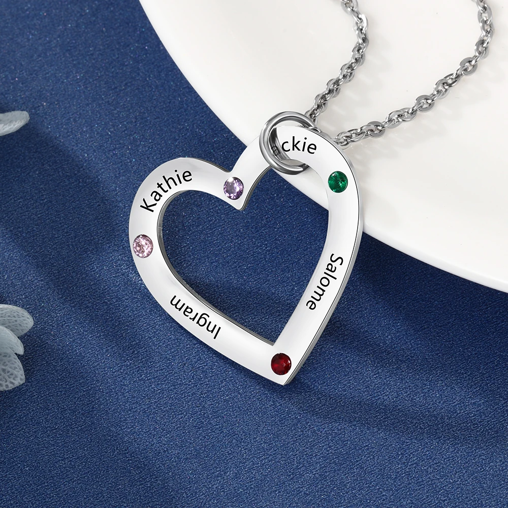 Пользовательские 4 имена ожерелье с зодиакальным камнем Нержавеющая сталь сердце кулон Цепочки и ожерелья персонализированный подарок для Семья(JewelOra NE103249