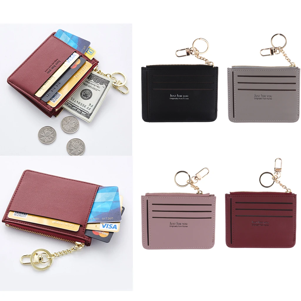 Womens Slim PU Leather Card Holder Front Pocket Wallet Change Purse Keychain Ring billetera mujer cartera mujer