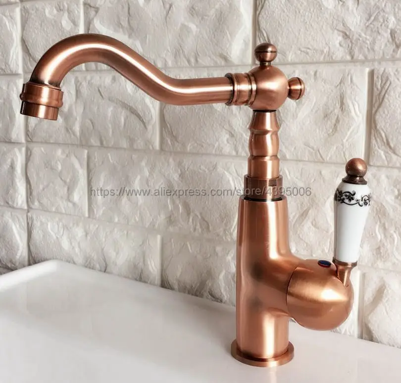 

Antique Red Copper Basin Faucet One Handle Single Hole Bathroom Hot and Cold Mixers Lavatory Sink Washing Tap Bnf411