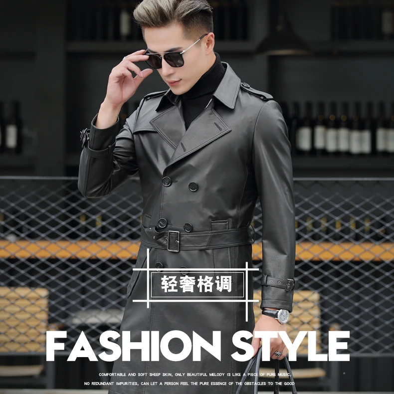 Best VHO fashion casual natural real cow leather coats for men x-long double breasted leather dust coat genuine leather jacket 1