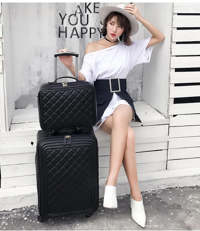 FirstMeet Fashion retro trolley suitcase 16/20/24 inch women men PU leather travel suitcase bag hand rolling luggage set valise