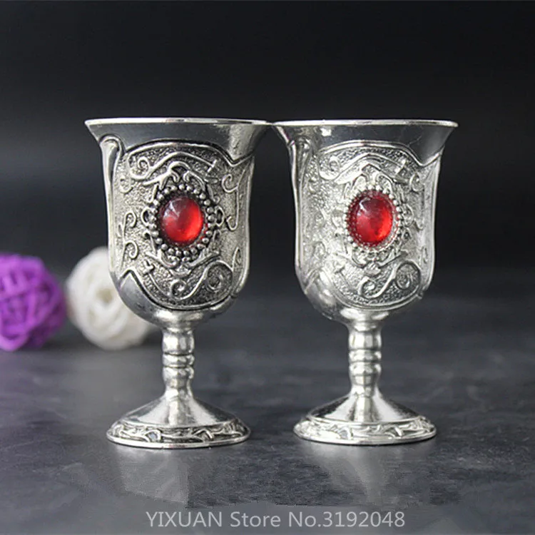 CHINESE OLD MIAO SILVER CARVING red WINEGLASS COLLECTIBLE CUP 