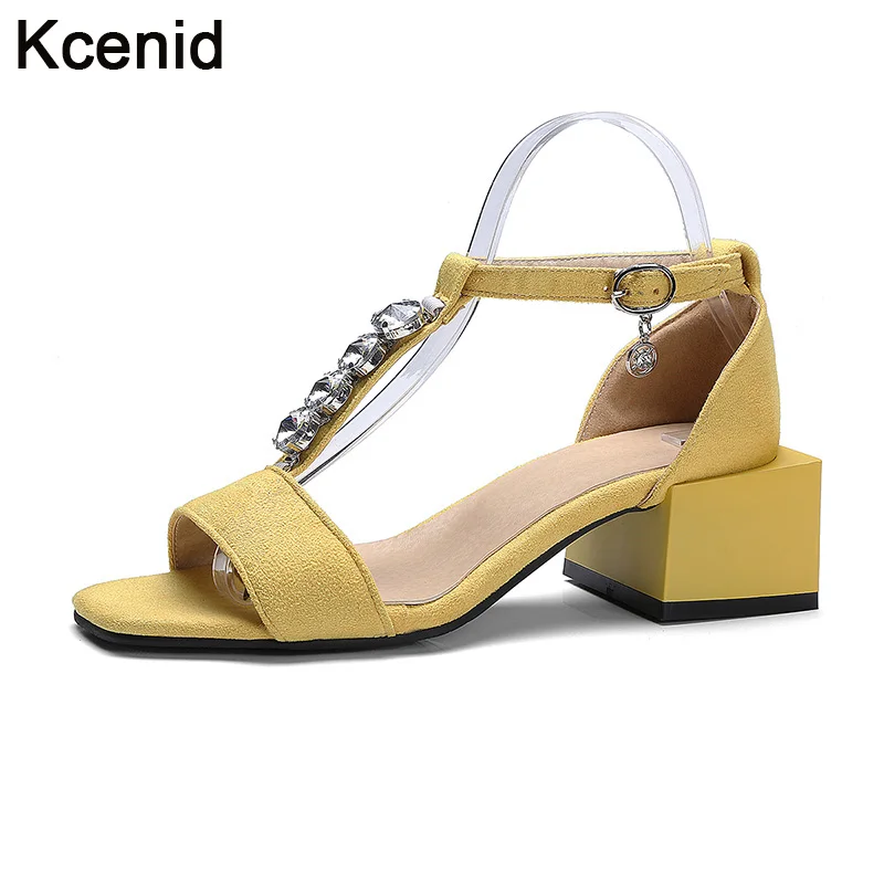 

Kcenid New summer womens shoes large sizes 32-48 open toe crystal T-strap strange heels sandals women dress shoes yellow pumps