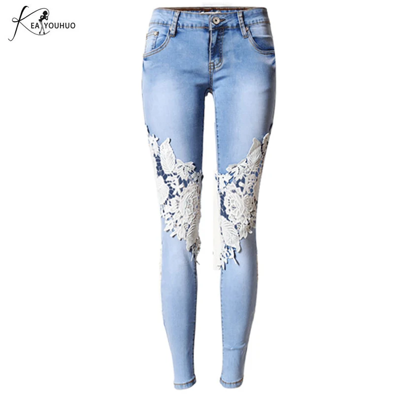 

Spring 2018 Fashion Women Jeans Low Waist Jeans Ladies Lace Floral Splice Pants With Open Sides Casual Women Denim Pencil Pants