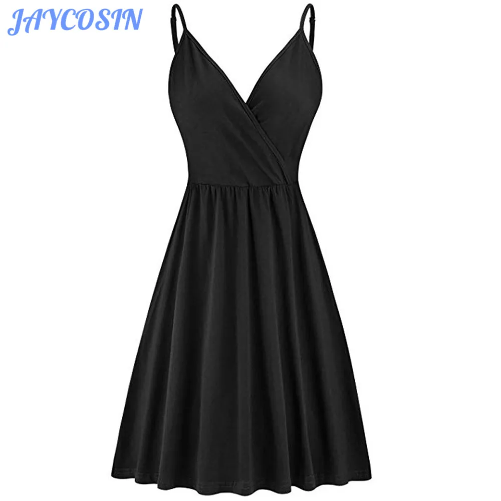

JAYCOSIN Women Clothes 2019 Sexy Sleeveless Solid Color Sling Dress Female Casual V-Neck A-Line Summer Evening Party Dress Girls