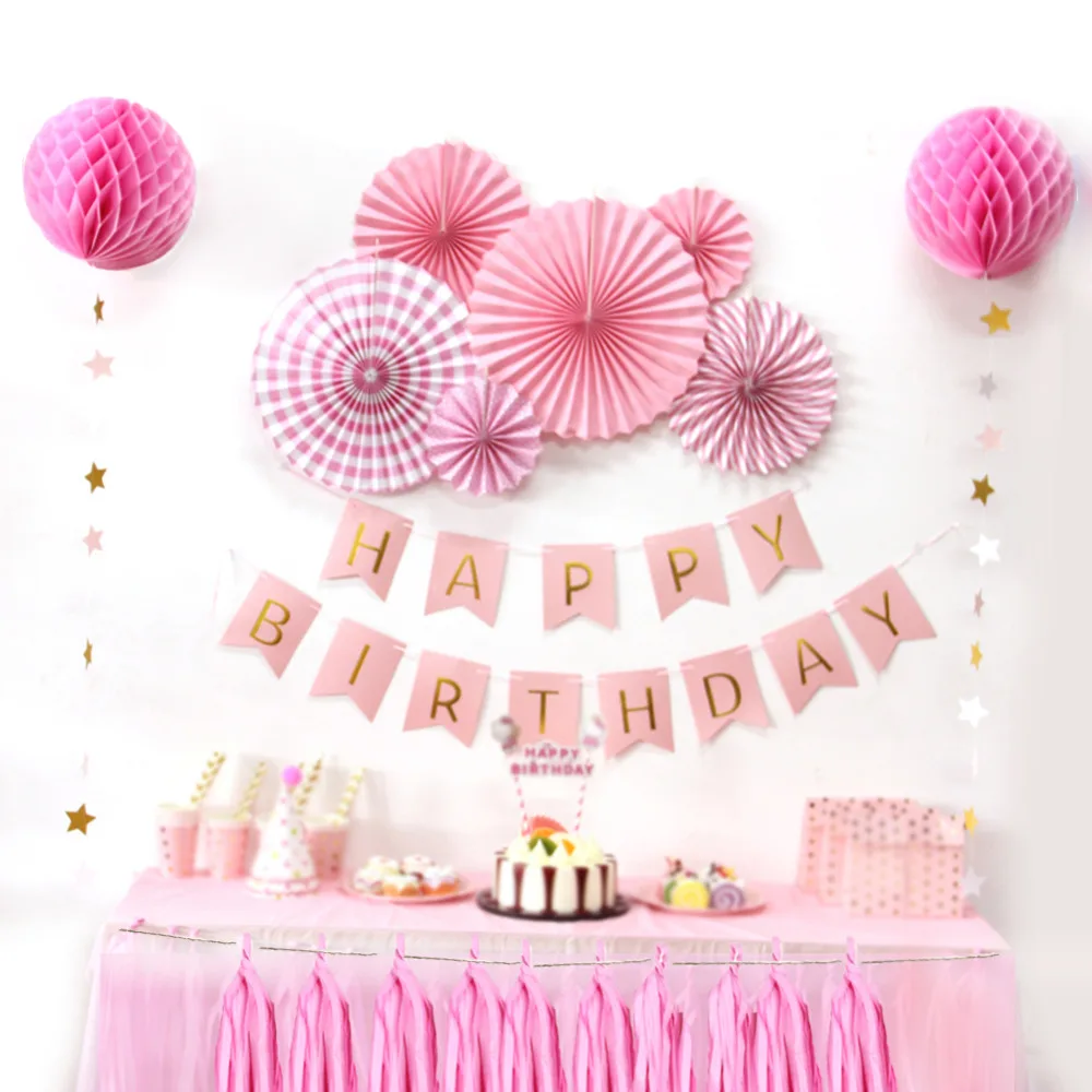 12pc Pink Theme Happy Birthday Paper Decoration Kit DIY Kids Party
