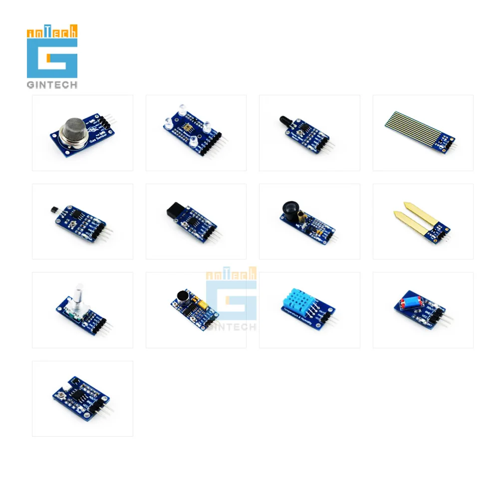 

13pcs Sensor compatible Arduino Gas Color Flame Metal Hall IR Laser Soil Moisture Rotation Sound Temperature Tilt UV Liquid