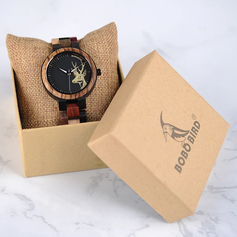 BOBO BIRD P14 Lover's Wood Watches Colorful Wood Band Dear Head Watch Dial Men Women Quartz Watches
