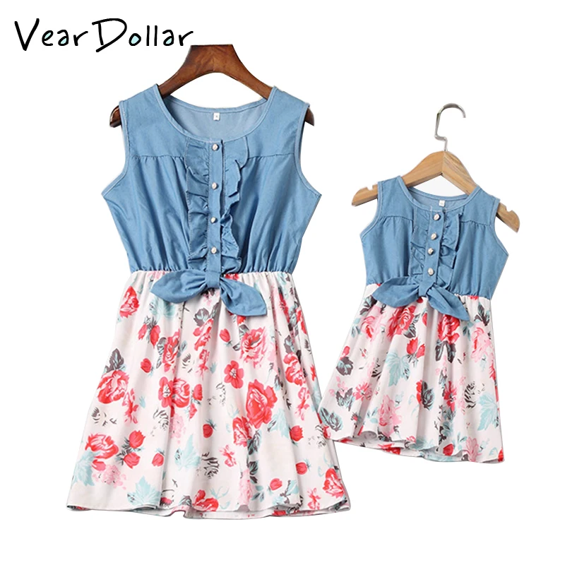 

VearDoller Mommy and Me Matching Clothes Flower Patching Sleeveless Ruffles Dress Fashion Mother Daughter Denim Dresses