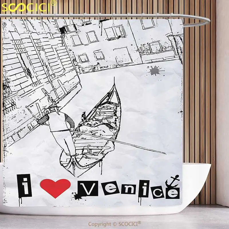 

Funky Shower Curtain Grunge Gondola Silhouette on Venetian Canal with I Love Venice Frame Illustration Red Black White Bathroom