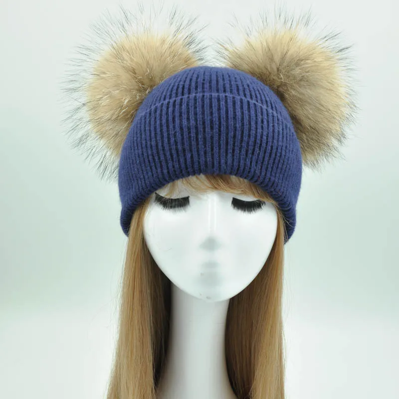 Двойной помпон натуральный мех шапка Для женщин зима Кепки вязаная шерстяная шапка кашемир Кепки повязку для девочек женские осенние два Pom pom Beanie Hat - Цвет: Navy natural fur