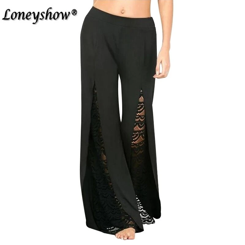 Black Women Elegant Lace Crochet Patchwork Hollow Basic Wide Leg Trousers Casual Long Flare Pants Bell Bottom Pantalones Palazz Black Women Elegant Lace Crochet Patchwork Hollow Basic Wide Leg Trousers Casual Long Flare Pants Bell Bottom Pantalones Palazz