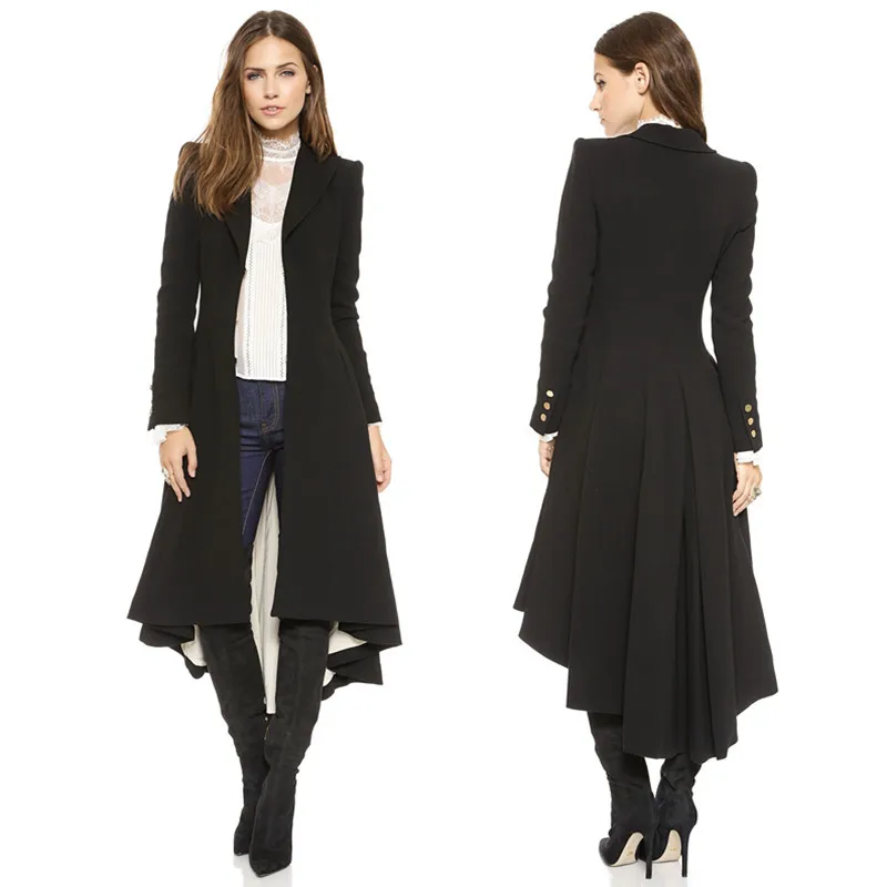 Осенне-зимнее женское длинное черное шерстяное пальто-Тренч с ласточкиным хвостом, приталенное платье-Блейзер, 4XL, 5XL размера плюс, готический Тренч, верхняя одежда