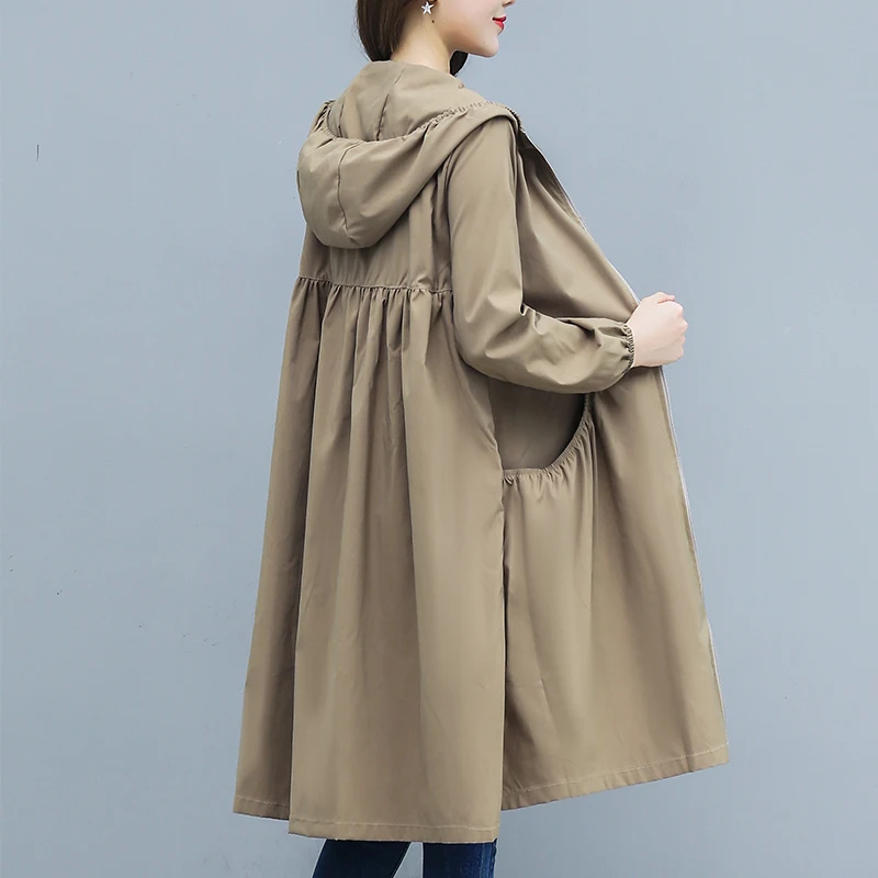 

Spring and Summer New Hooded Straight Trench Coat Women's Long Loose Size Joker Coat Zipper Womens Trench Coat