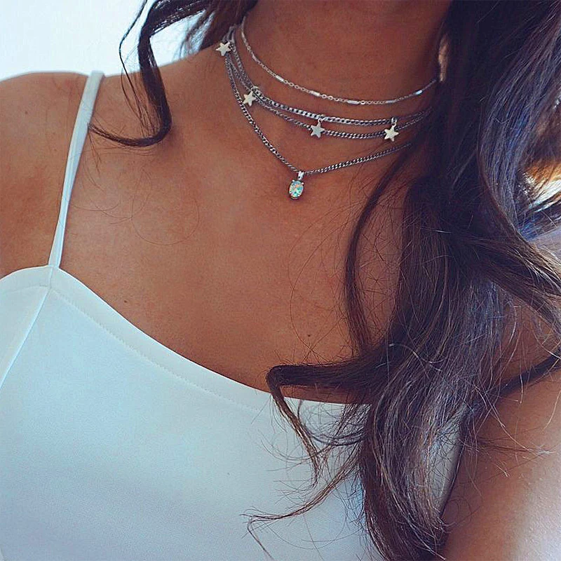 

Sale Bohemian Fashion Crystal Star Pendant Multi-Layer Female Necklace Color Stone Silver Choker Trend Party Jewelry