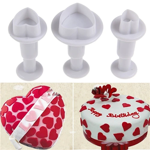 3pcs Love Heart Shape Cookie Plunger Cutter Fondant Gum Paste Cupcake Toppers Mold Biscuit Christmas Cake Decorating Tool