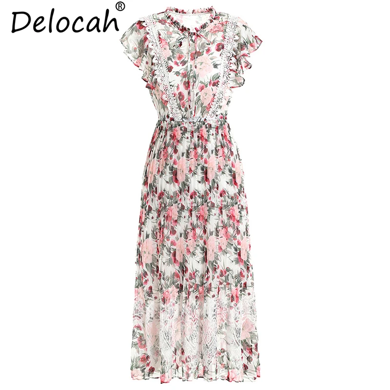 Delocah/женские летние платья для подиума, модные кружевные платья с рукавом-бабочкой и цветочным принтом с эластичной резинкой на талии, винтажные шифоновые миди платья