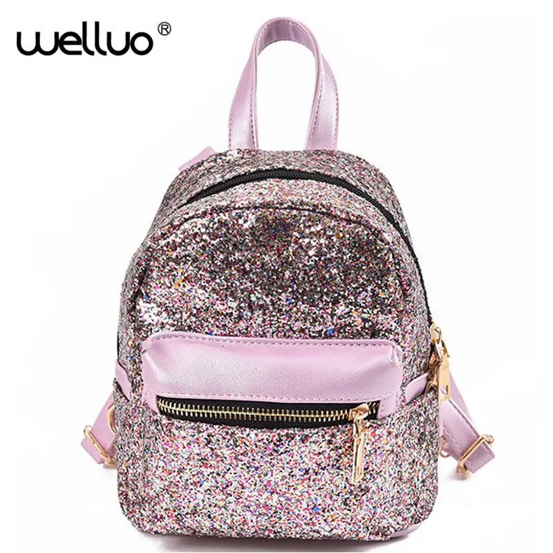 Women Sequin Backpack Shinning Shinny Glitter Bling Rucksack For Girls Paillette Leisure School Bag PU Leather