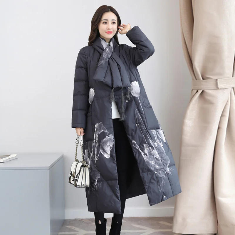 High Quality Winter Women's Ink and wash printing Chinese Style Vintage Long Down Coat