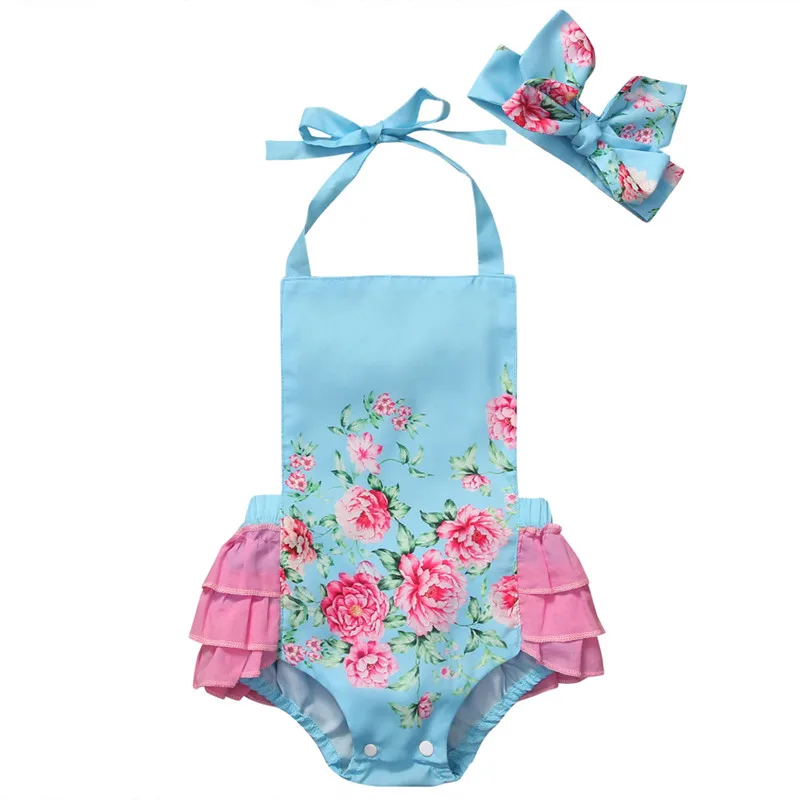 

2018 Casual Cotton O-neck Sleeveless Sling Halter Bodysuit Newborn Baby Girl Floral Bodysuit Hairband Girls Clothes Floral 0-24M