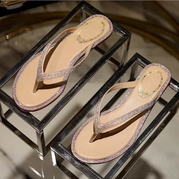 

2019 Shoes Woman Sheepskin Leather Slippers Crystal Flip Flops Sapato Feminino Slippers Woman Ladies Shoes Outside Flats Woman