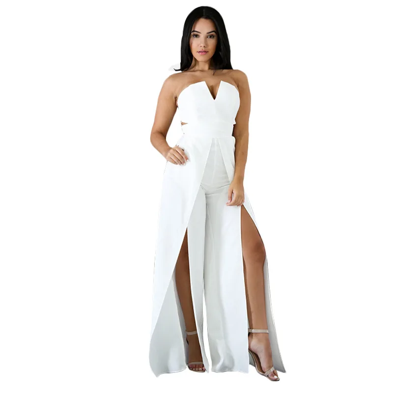 Adogirl 5 colors women wide leg high split strapless jumpsuits sexy full length sleeveless party suits bust split bandage set