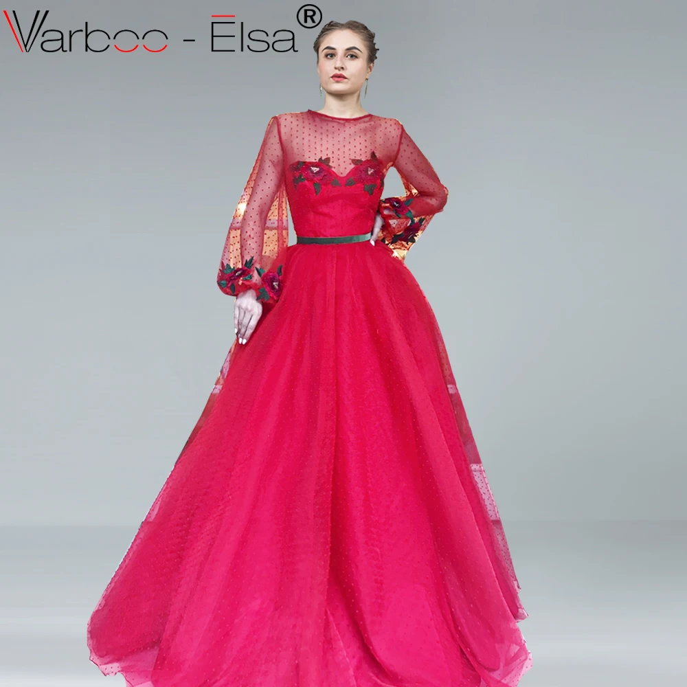 

VARBOO_ELSA 2018 New Flower Embroidery Long Evening Dress Red Tulle Transparent Sexy Prom Dress vestidos Long Sleeve A-line Gown