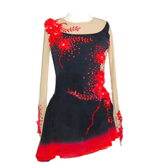 Cheap Customized Costume Ice Skating Figure Skating Dress Gymnastics Adult Child Girl Skirt Competition Red Flower Shiny Rhinestone