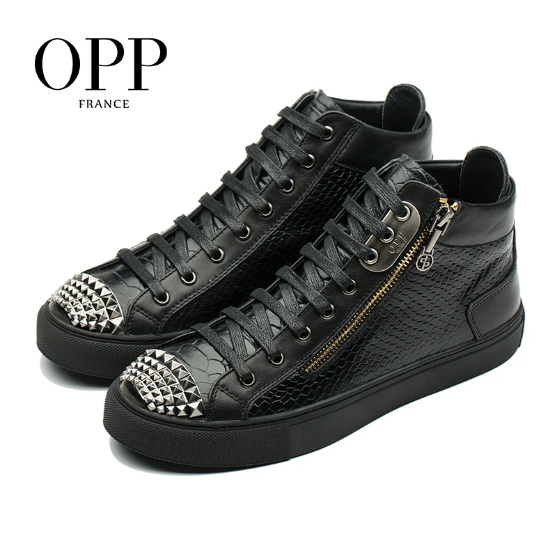 

OPP Snakeskin Punk Men Shoes Metal Rivet Shoes Men Hop Hip High Top Men Boots Genuine Leather Zipper Shoes Ankle Boots For Men