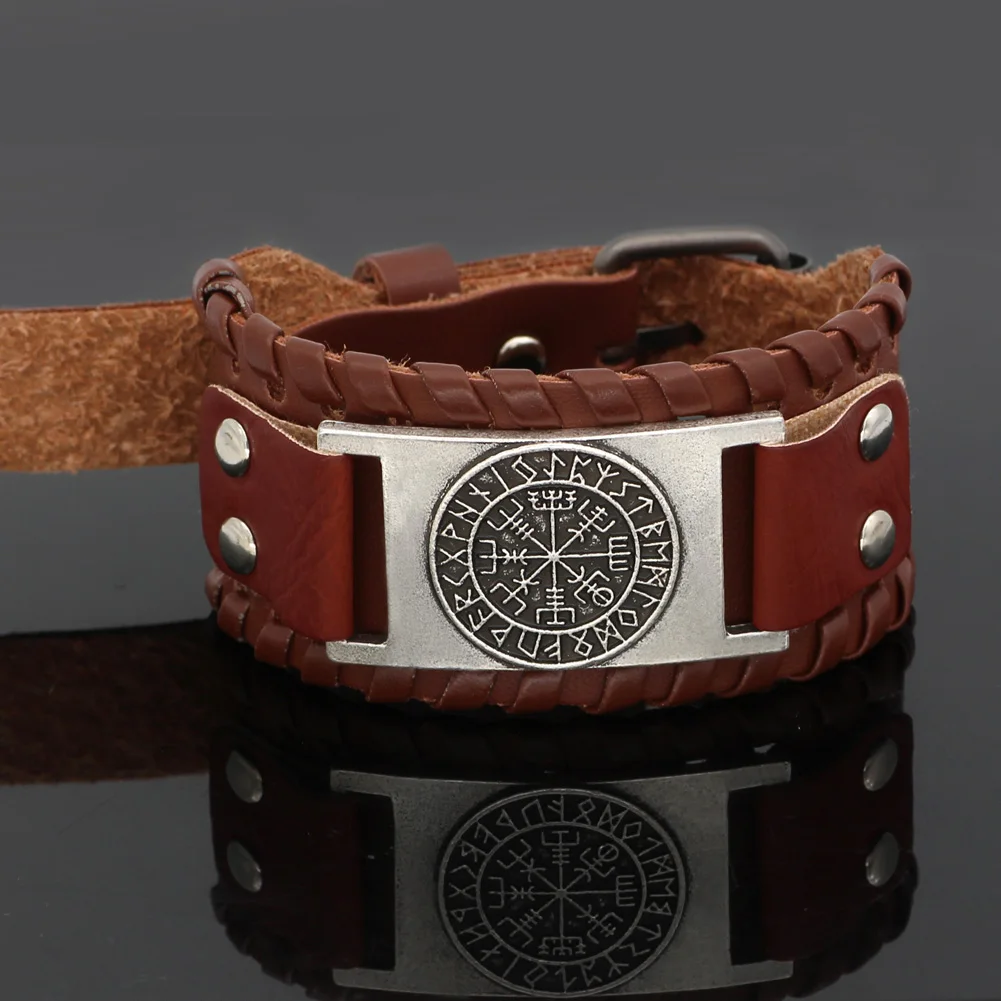 Nodic viking Vegvisir компас кожаный амулет символ Одина браслет-регулируемый размер 19-25 см