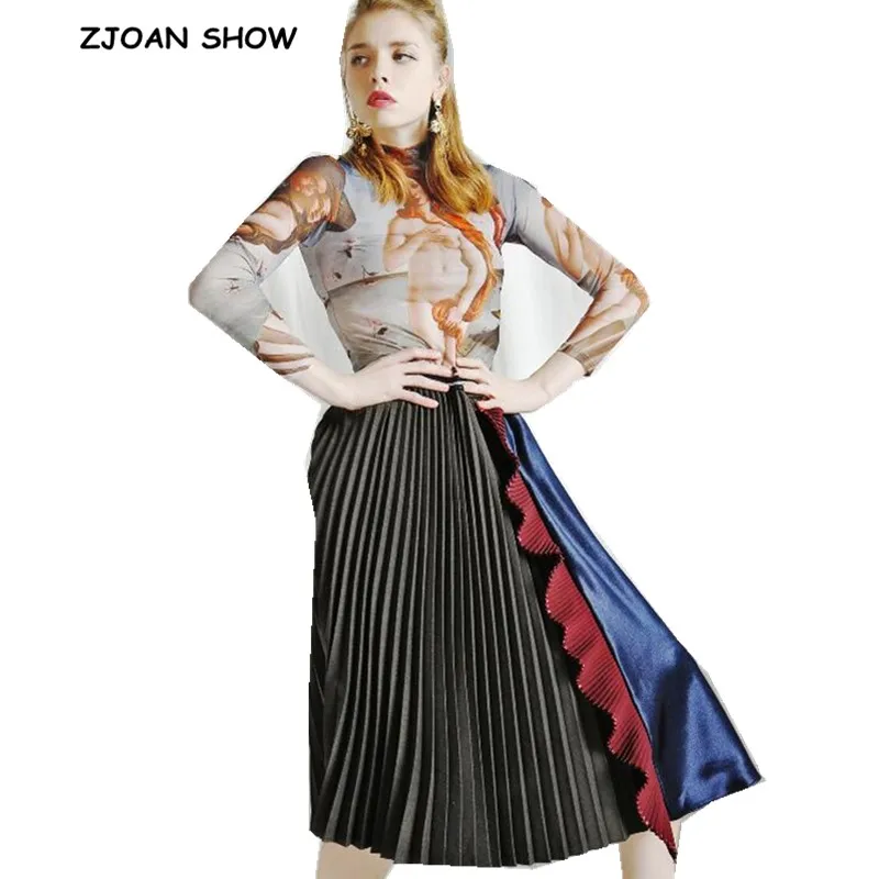 Новинка, Женская плиссированная юбка контрастного цвета с вышивкой и оборками, винтажная высокая талия, яркие цветные юбки до середины икры