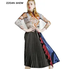 Новинка, Женская плиссированная юбка контрастного цвета с вышивкой и оборками, винтажная высокая талия, яркие цветные юбки до середины икры