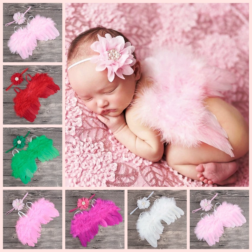 

2017 Fashion Newborn Angel Feather Wings With Baby Girl Chiffon Flower Headband Hair Accessories For Baby Photography Props