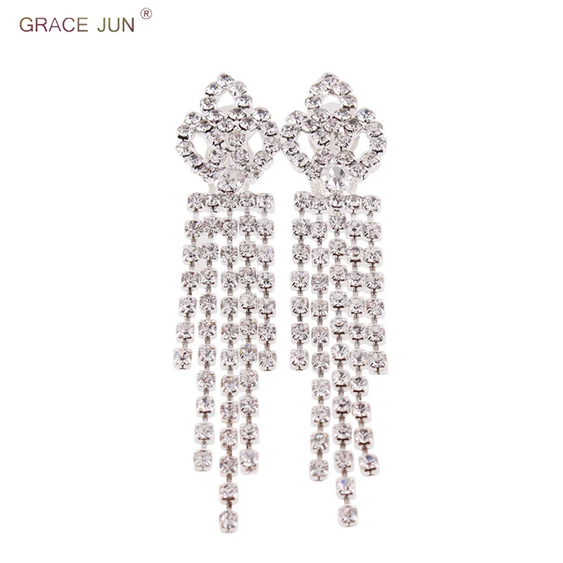 GRACE JUN Top Quality Clip on Earrings for Women Luxury Rhinestone Crystal No Pierced Long