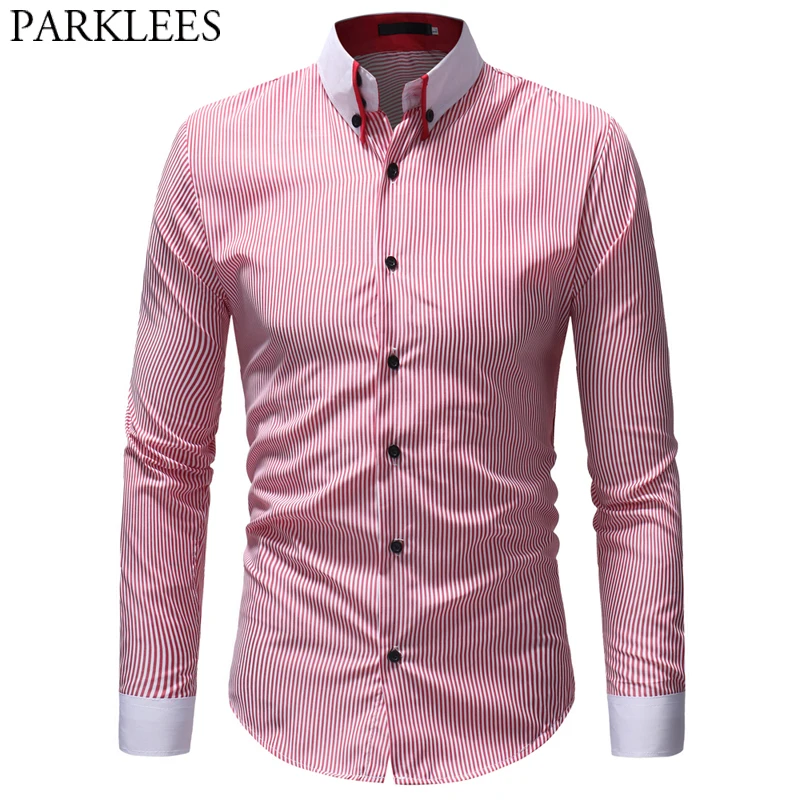 

Classic Striped Shirt Men 2019 Fashion Spring Mens Pink Button Down Dress Shirts Casual Slim Fit Blouse Camisas Social Masculina