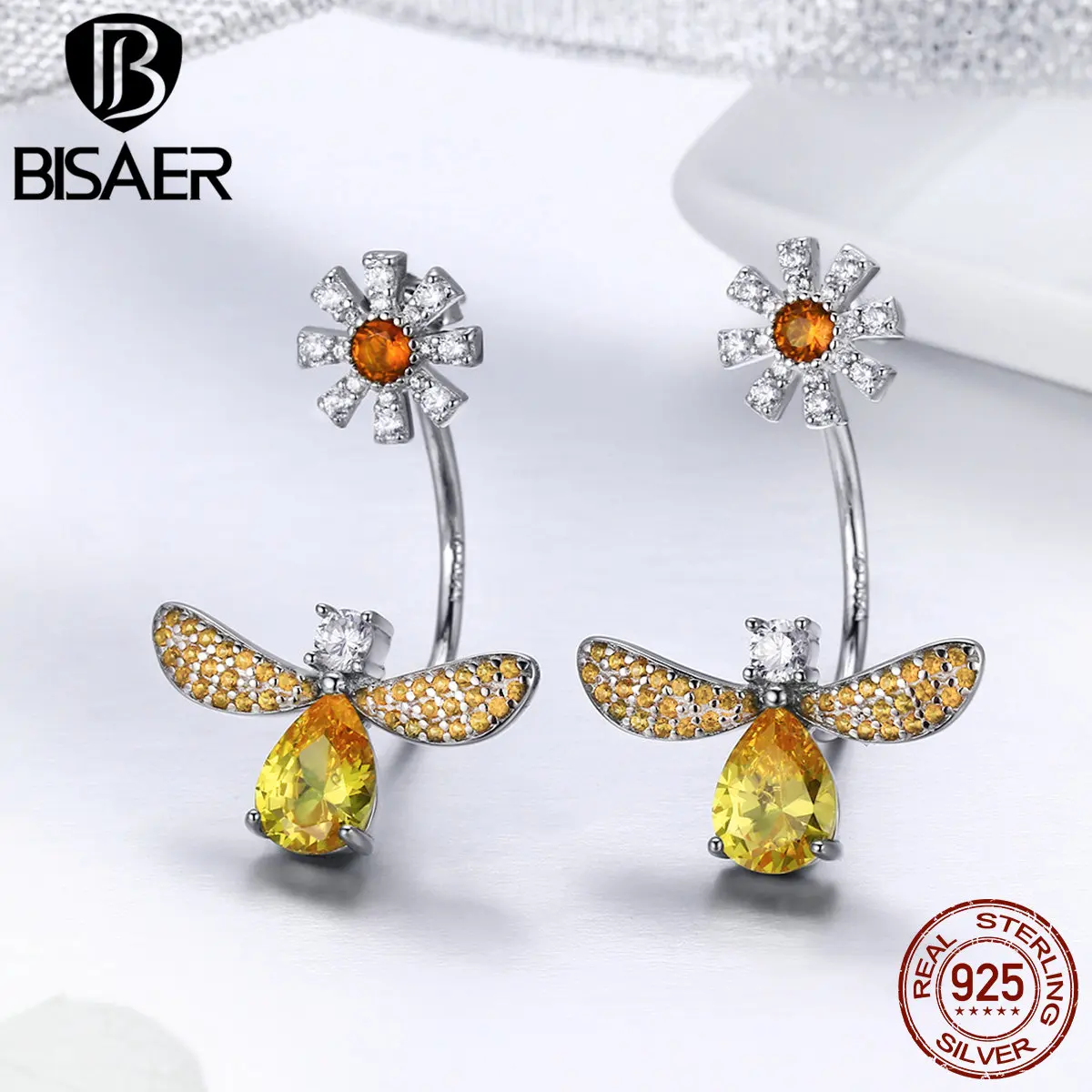 

BISAER Bijoux 925 Sterling Silver Yellow CZ Crystal Bee & Daisy Exquisite Stud Earrings for Women Earrings Silver Jewelry ECE370