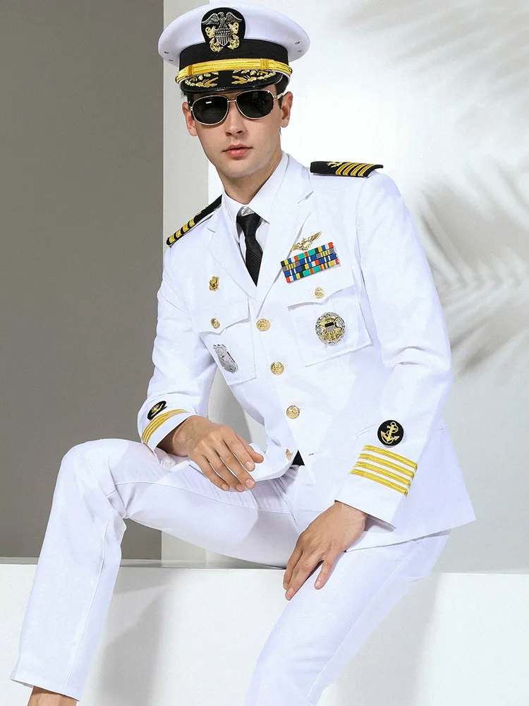 

High Quality Men Suirts Military Slim Fit Suit Navy uniform Fashion Brand Stage performance Captain clothing Party costumes