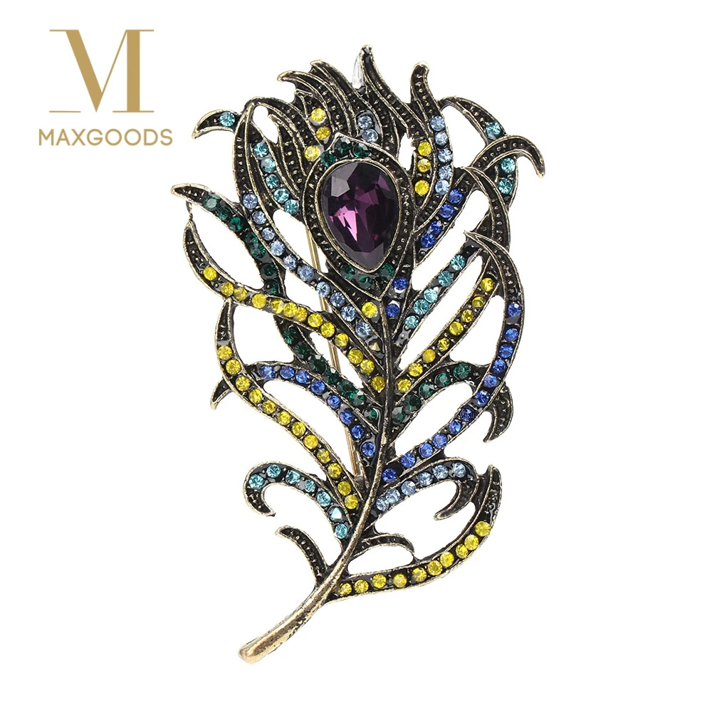 

Crystal Peacock Feathers Brooch Boho Enamel Pins Deep Blue Brooches for Women Wedding Accessories Drop Shipping