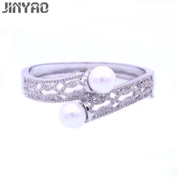 

JINYAO Fashion Simulated-Pearl Zircon White Gold Color Cuff Bangles Bracelet For Women Christmas Party Gift Pulseiras bijoux