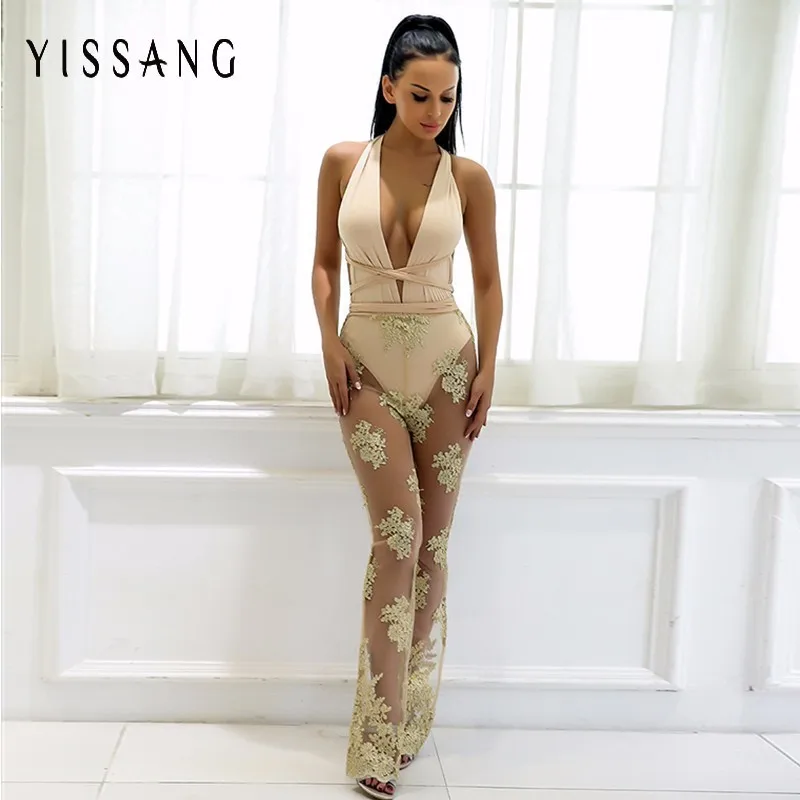 

Yissang Sexy Women Summer Ruffle V Neck Jumpsuit Casual Off Shoulder Overalls Female Sexy Clubwear Full Length Solid Playsuits