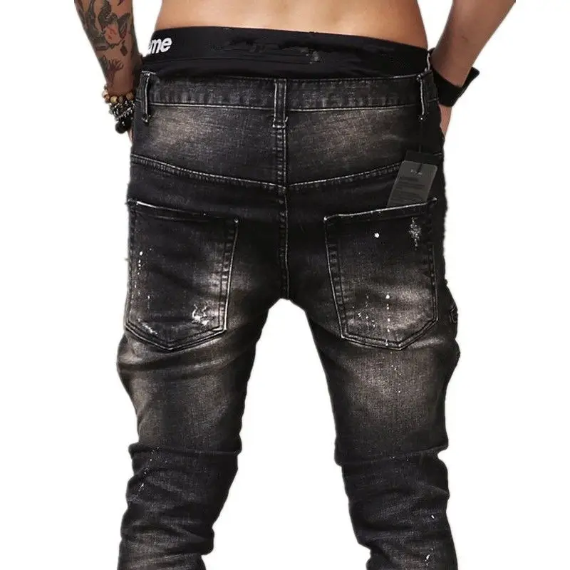 Облегающие джинсы, брюки в стиле хип-хоп, мужские рваные брюки, мужские повседневные байкерские обтягивающие рваные джинсы в стиле рок, мужские тонкие джинсовые штаны