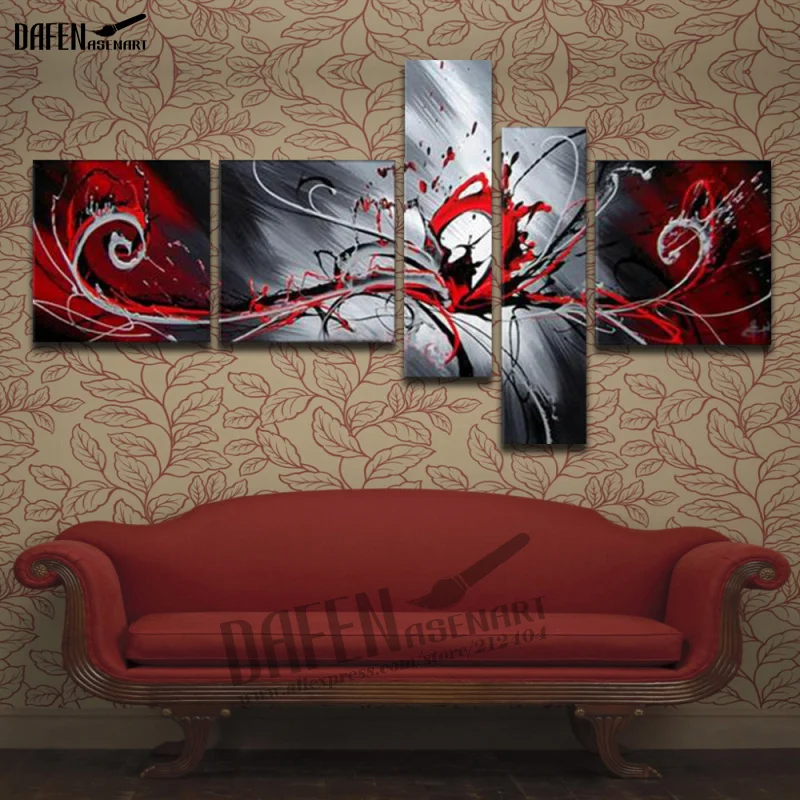 

5 Panels Set 100% Hand-painted Large Red Grey Abstract Canvas Painting Frameless Artwork for Living Room Hotel Cafe Wall Decor