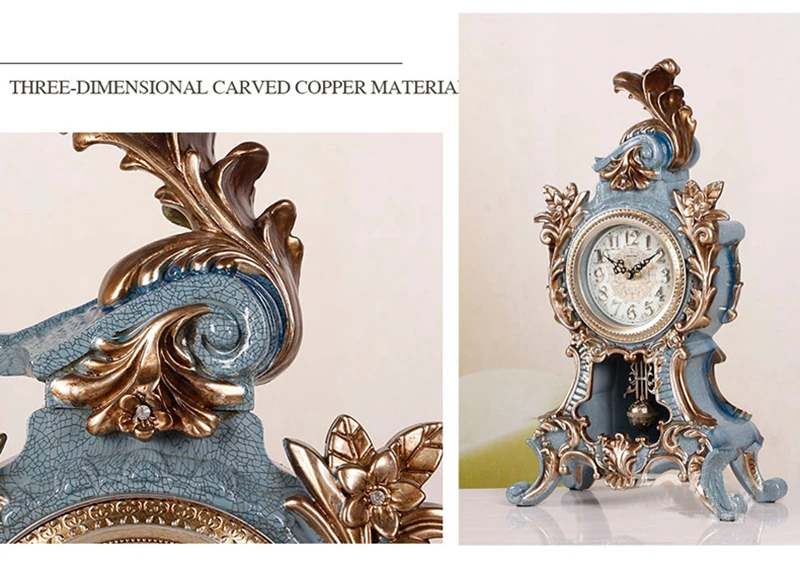 Классические европейские ретро бесшумные часы небесно-голубого цвета для гостиной, спальни, декорированные маятниковые часы, настольные украшения, Инструмент Синхронизации