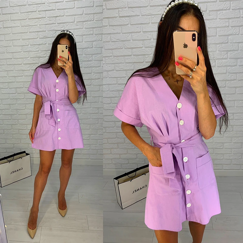 

2019 Summer New Fashion Women's Button Dress Casual V-neck Short-sleeved Belt Pocket Dresses