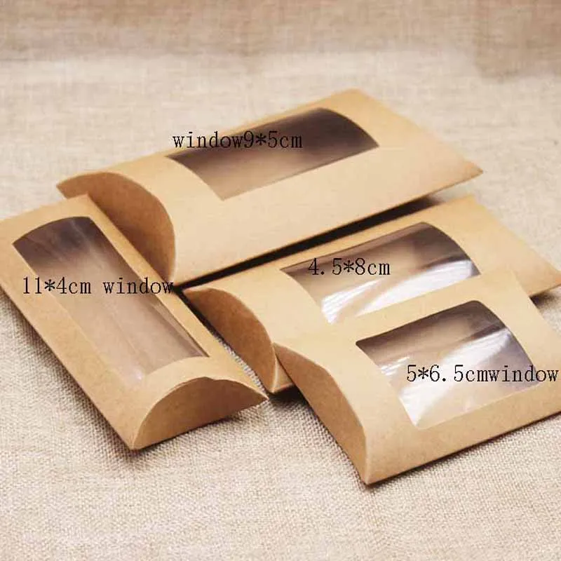 DIY пустая бумажная подарочная коробка. Mutli размер подарочная коробка в форме подушечки с прозрачное окно ПВХ, крафт/белый/черный картонная коробка с окошком для подарка 10 шт