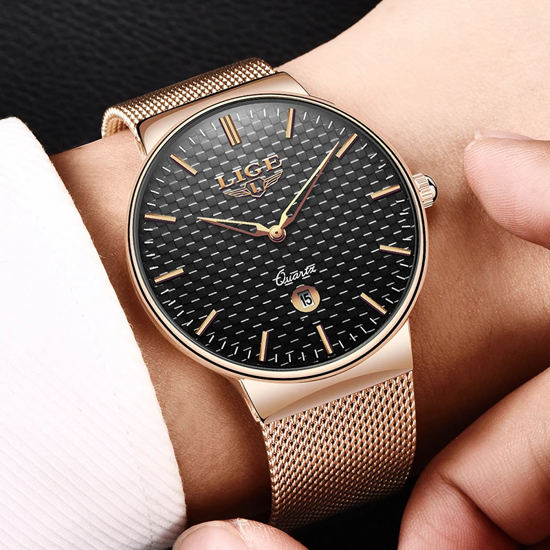 

LIGE Mens Watches Simple Style Watch man Mesh Steel Strap Waterproof Watch Business Date Quartz Wristwatches relogio masculino